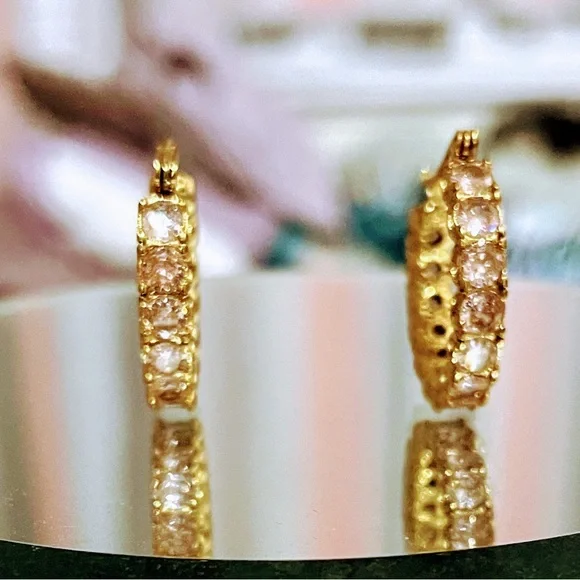 Vermeil Gold with Pink Stones Hoop Earrings - Picture 3 of 3
